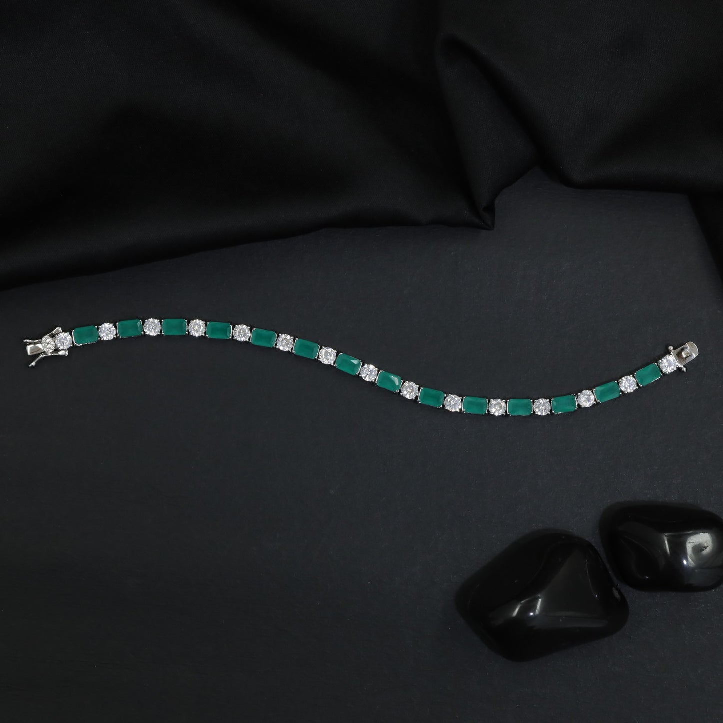 Rhodium Bracelet with Rectangular Elements and Round Connector Links