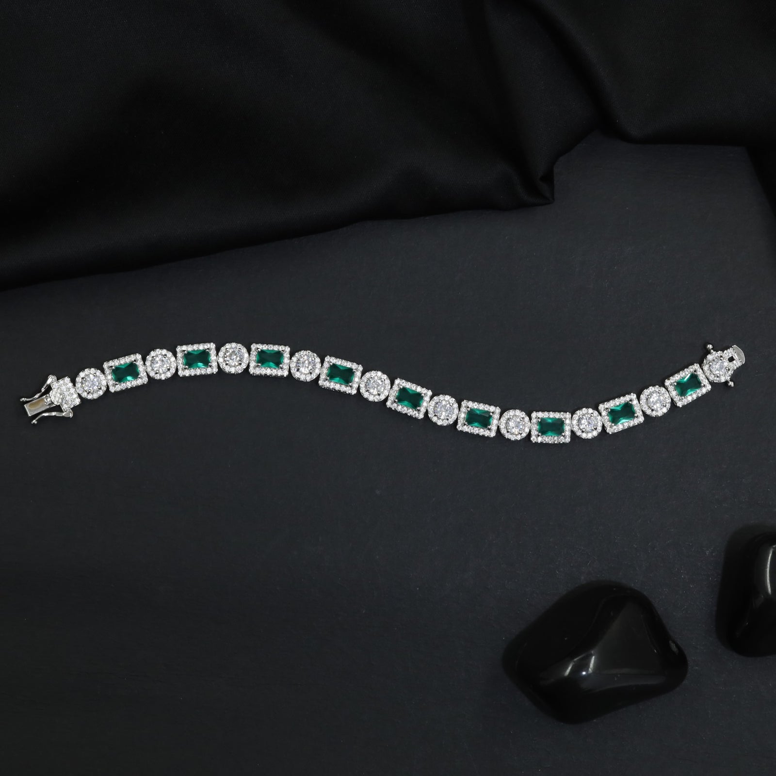 Rhodium Link Bracelet Showcasing Rectangular and Round Halo Elements