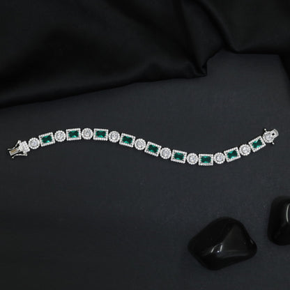 Rhodium Link Bracelet Showcasing Rectangular and Round Halo Elements