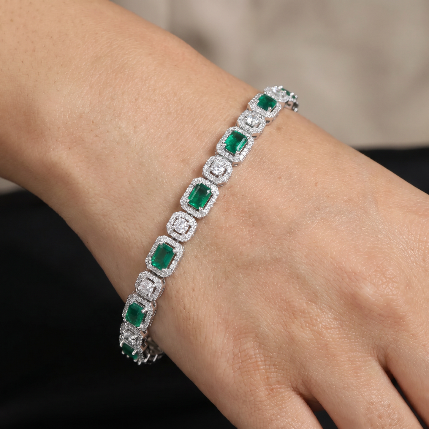 Rhodium Link Bracelet Showcasing Rectangular and Round Halo Elements