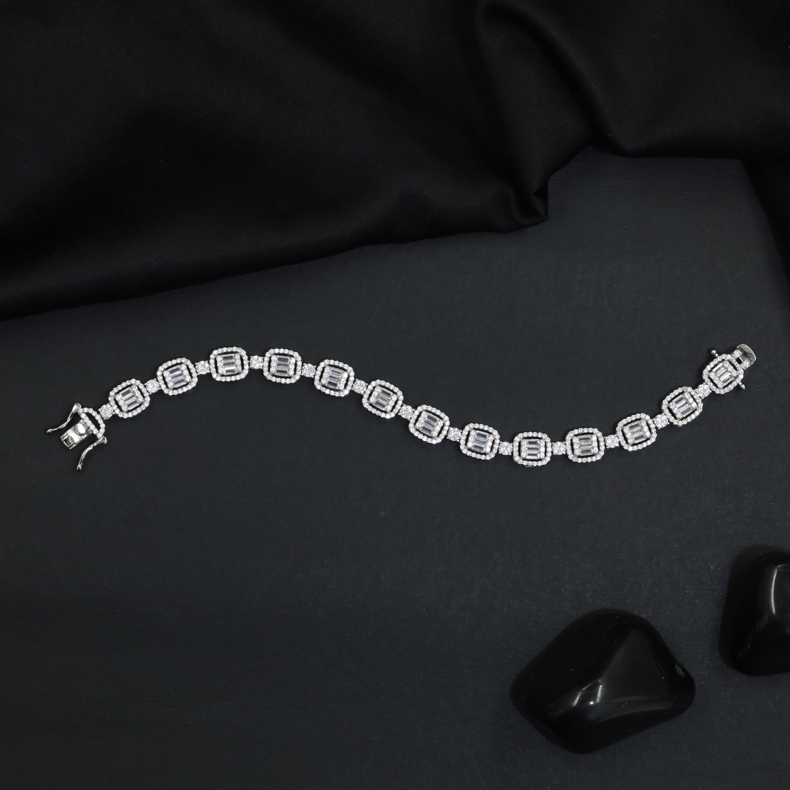 Rhodium Bracelet with Double Halo Square Link Design
