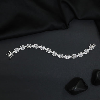 Rhodium Bracelet with Double Halo Square Link Design