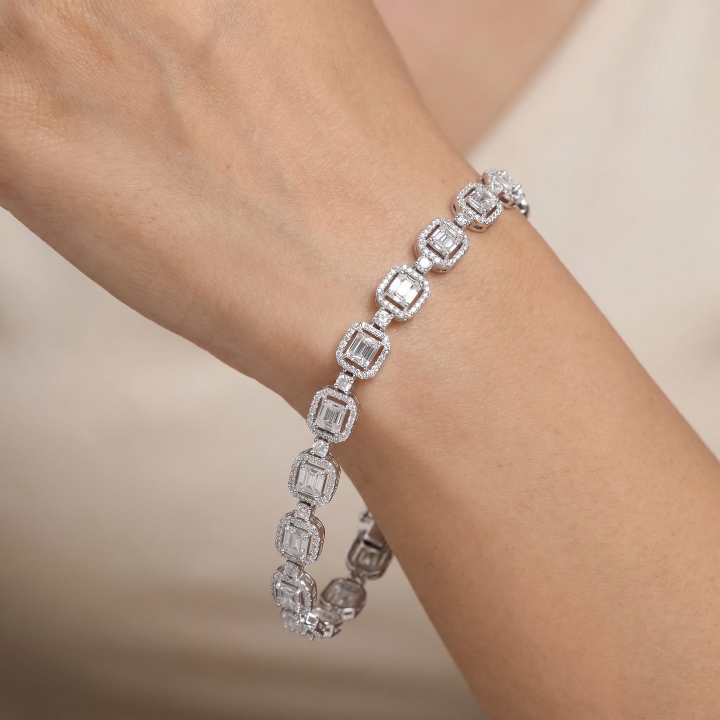 Rhodium Bracelet with Double Halo Square Link Design