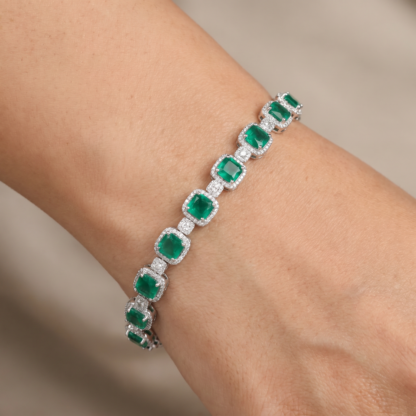 Rhodium Bracelet with Cushion Halo Stations and Cluster Connectors