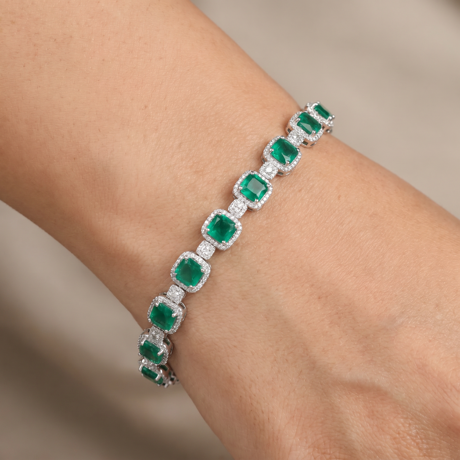 Rhodium Bracelet with Cushion Halo Stations and Cluster Connectors