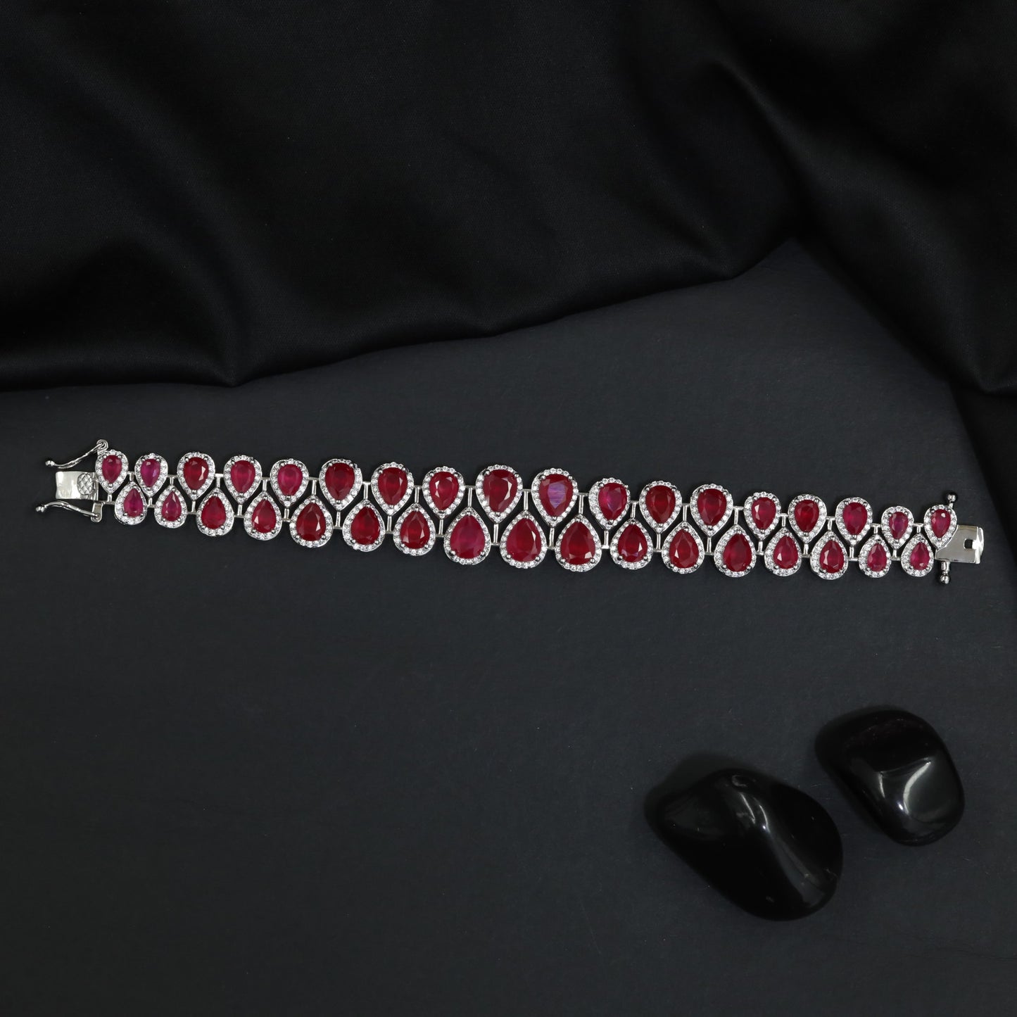 Rhodium Bracelet with Double Row Teardrop Halo Motifs
