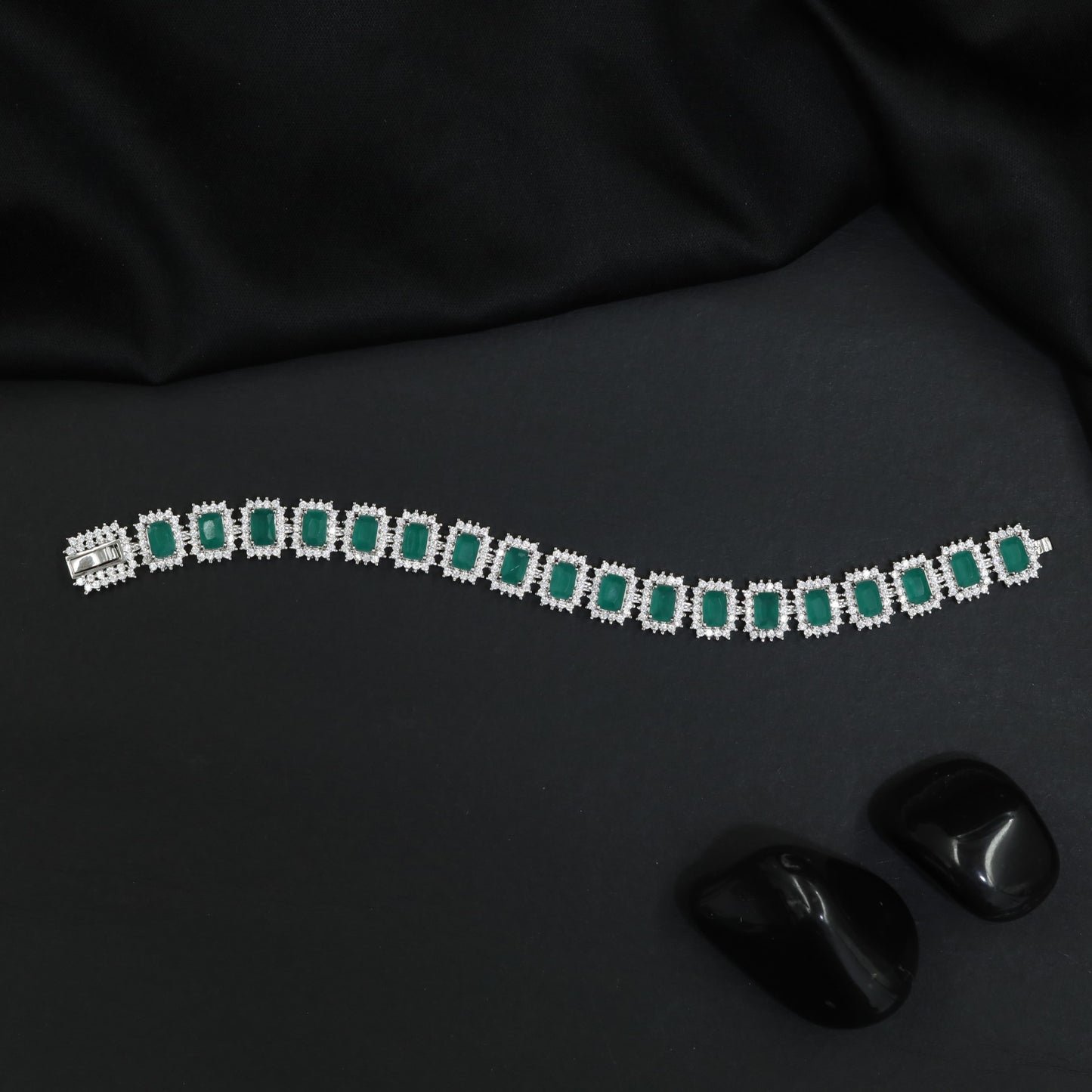 Rhodium Bracelet with Rectangular Centre Stations and Halo Detailing