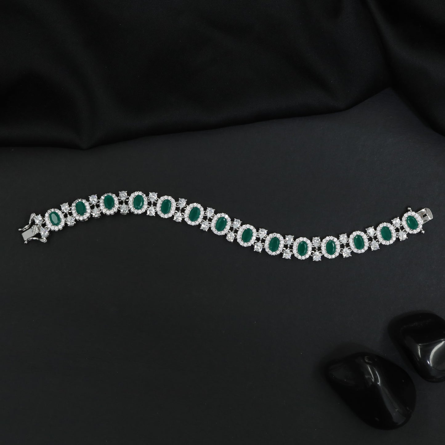 Rhodium Party Wear Bracelet with Oval Link and Floral Cluster Design