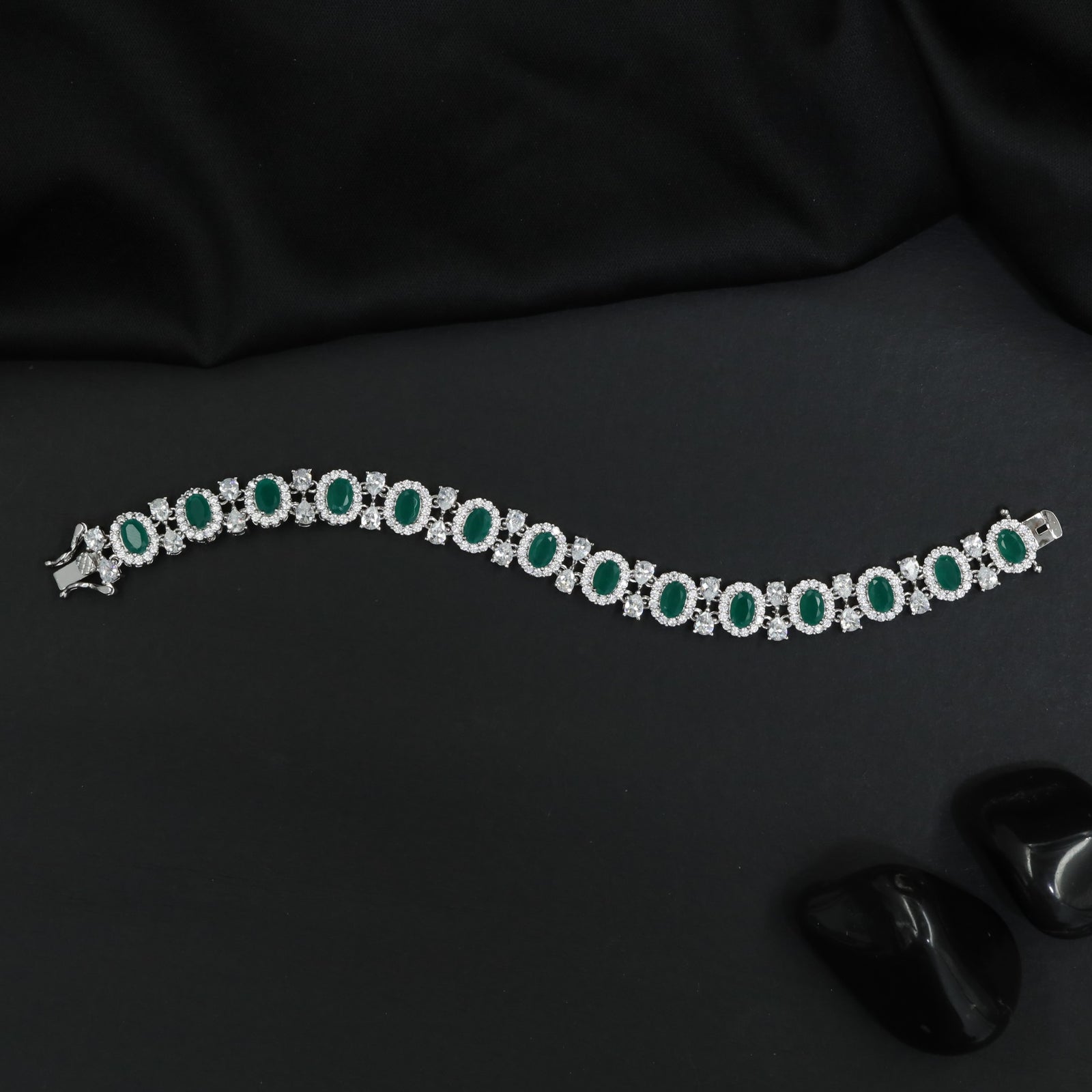 Rhodium Party Wear Bracelet with Oval Link and Floral Cluster Design