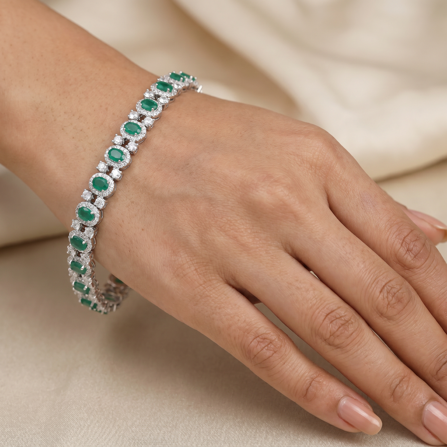 Rhodium Party Wear Bracelet with Oval Link and Floral Cluster Design