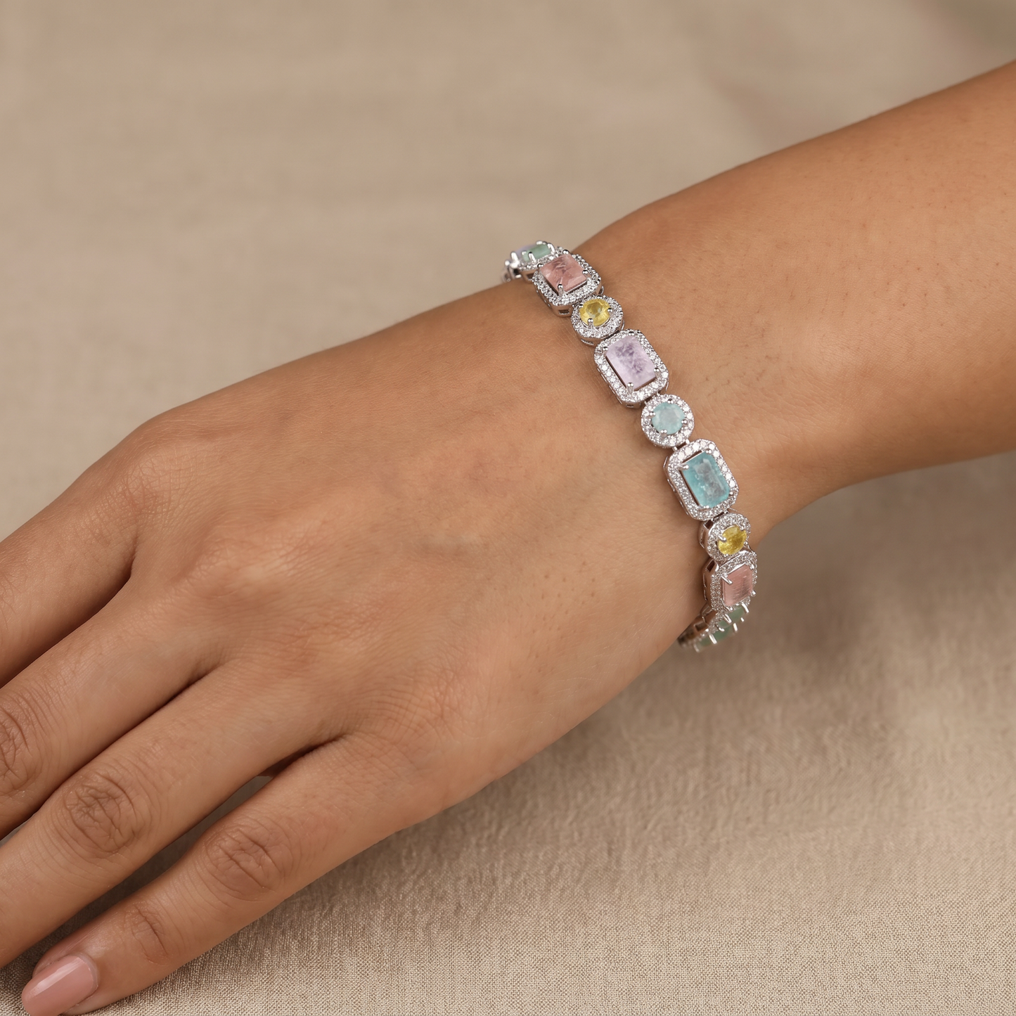 Rhodium Bracelet with Alternating Halo Framed Rectangular and Round Links