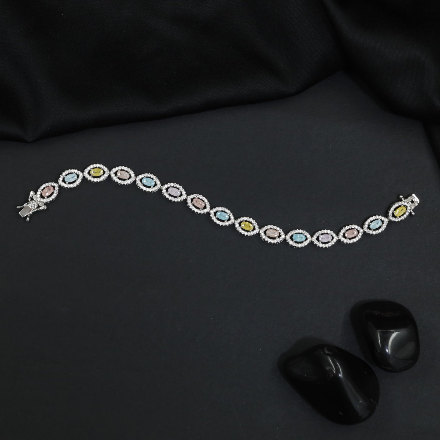 Crystal Oval Link Rhodium Bracelet with Multicolor Accents