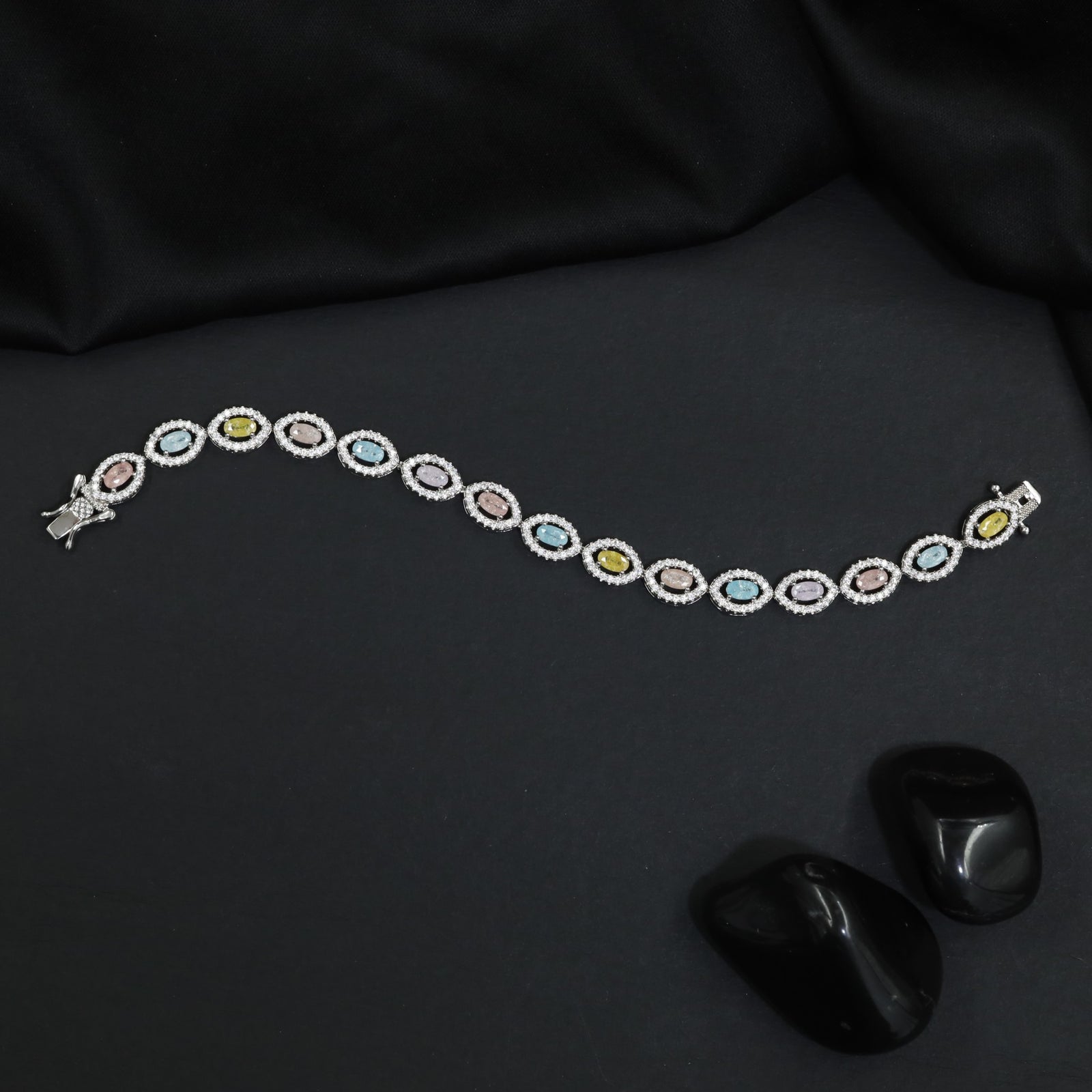 Crystal Oval Link Rhodium Bracelet with Multicolor Accents