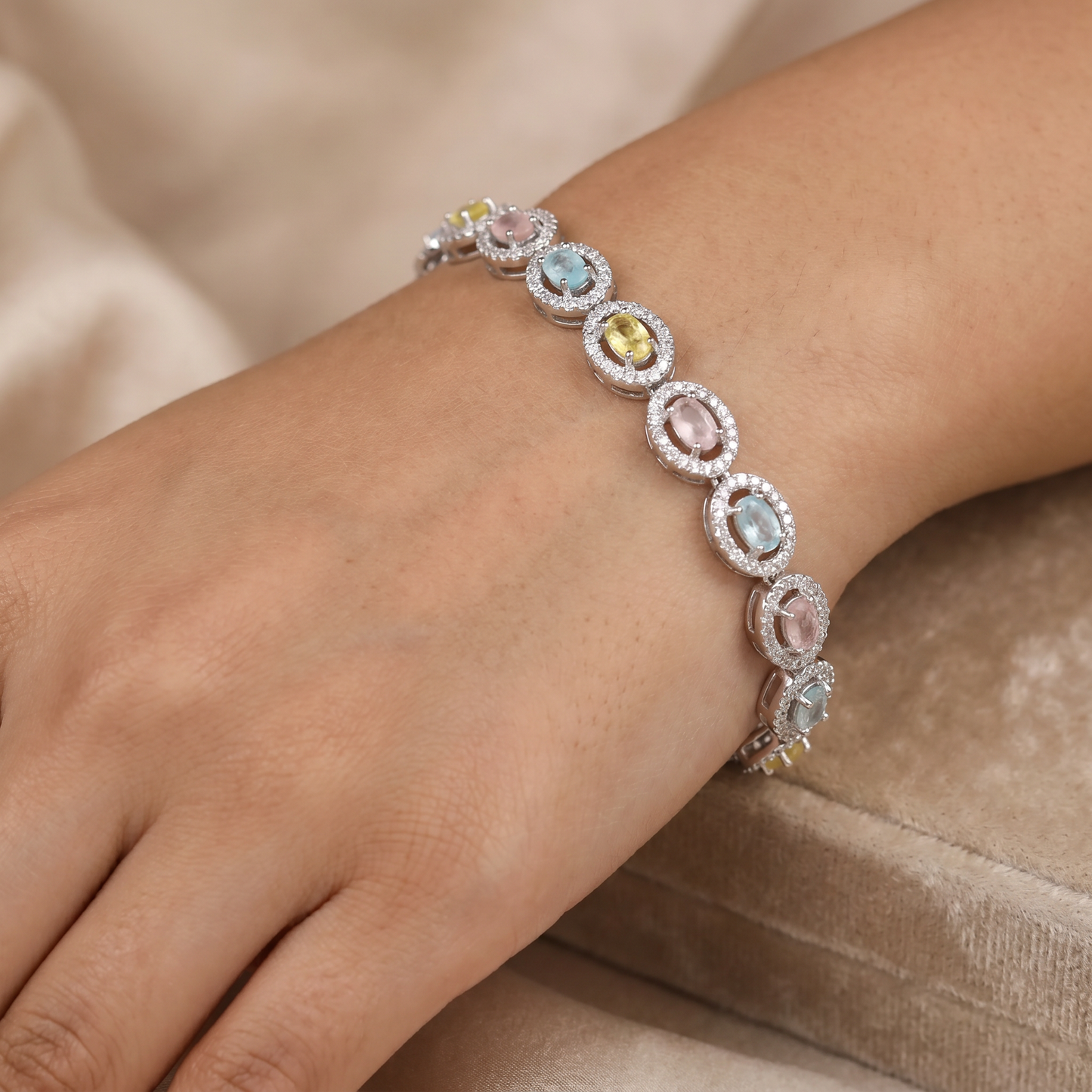 Crystal Oval Link Rhodium Bracelet with Multicolor Accents