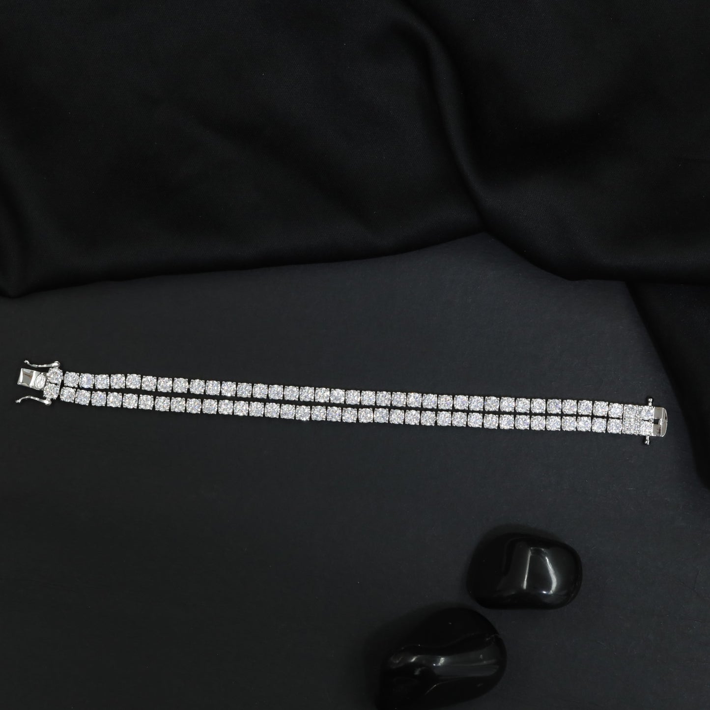 Sophisticated Rhodium & Gold Polish Bracelet with Twin Crystal Rows