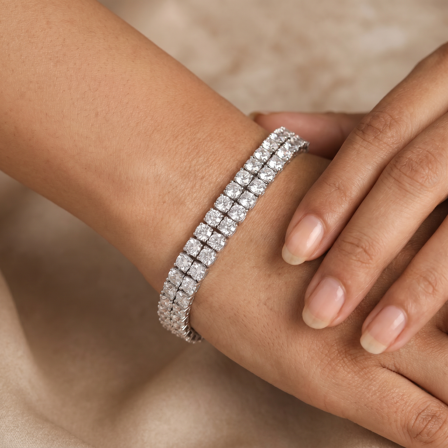 Sophisticated Rhodium & Gold Polish Bracelet with Twin Crystal Rows