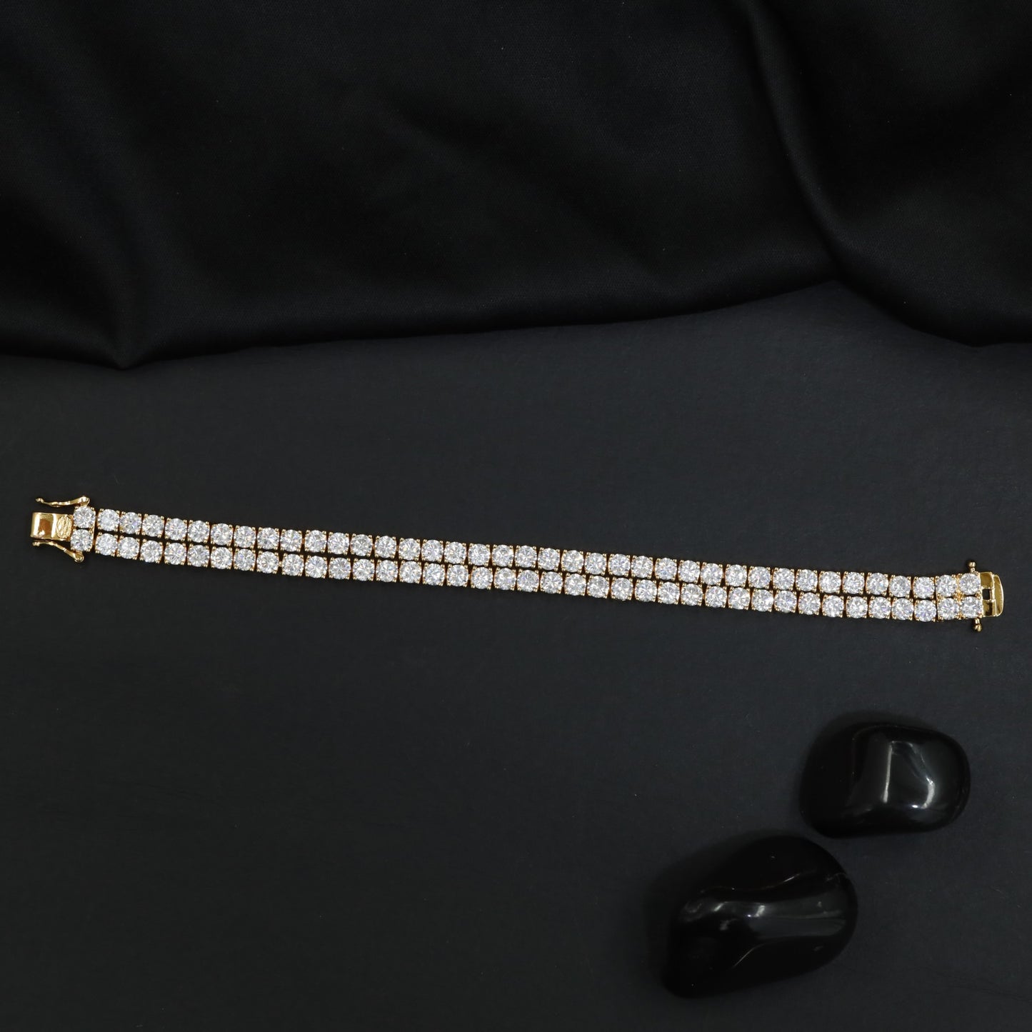 Sophisticated Rhodium & Gold Polish Bracelet with Twin Crystal Rows