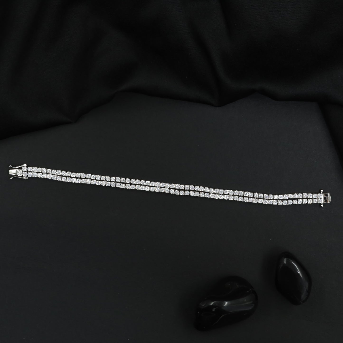 Double Row Rhodium Bracelet with Sparkling Crystal Links