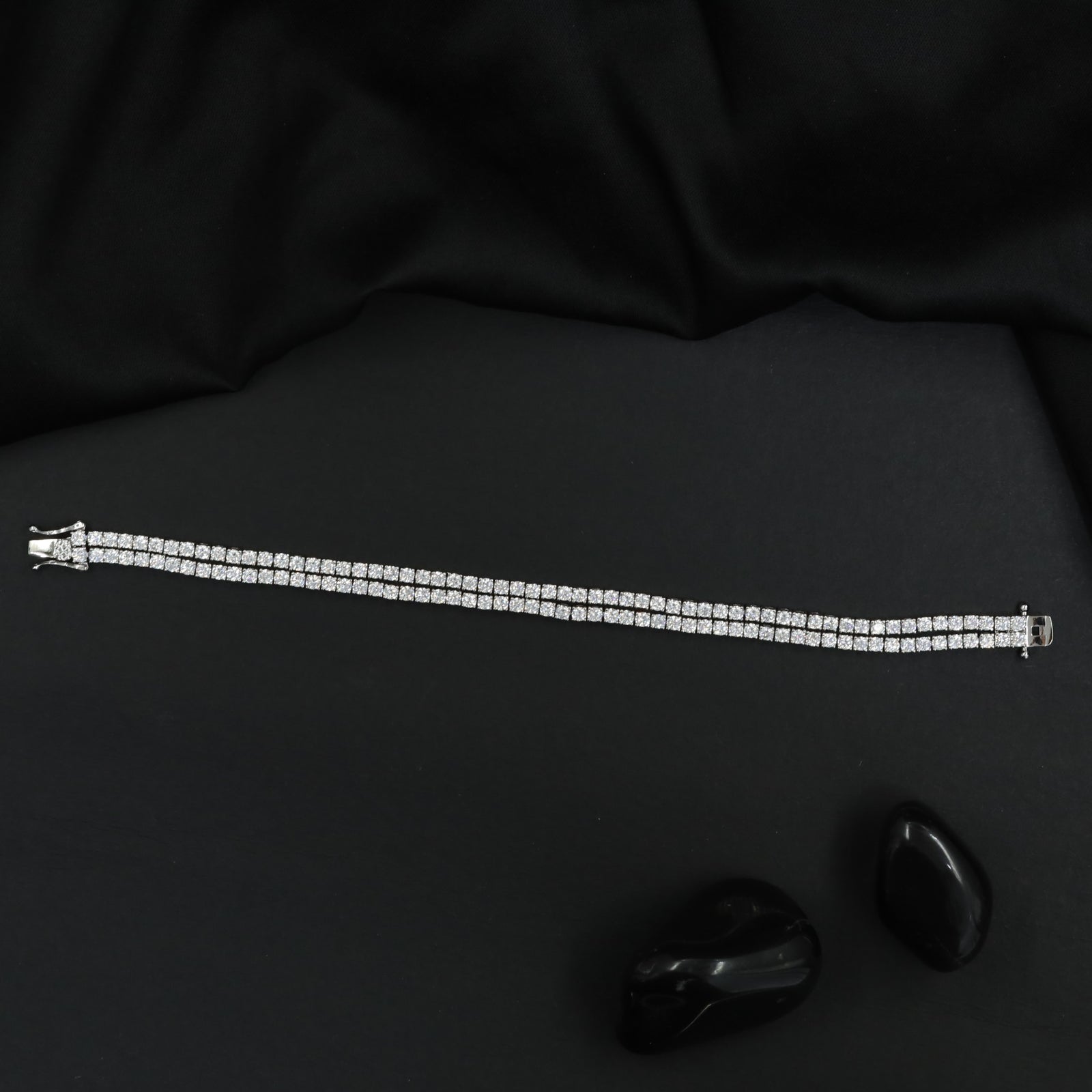 Double Row Rhodium Bracelet with Sparkling Crystal Links
