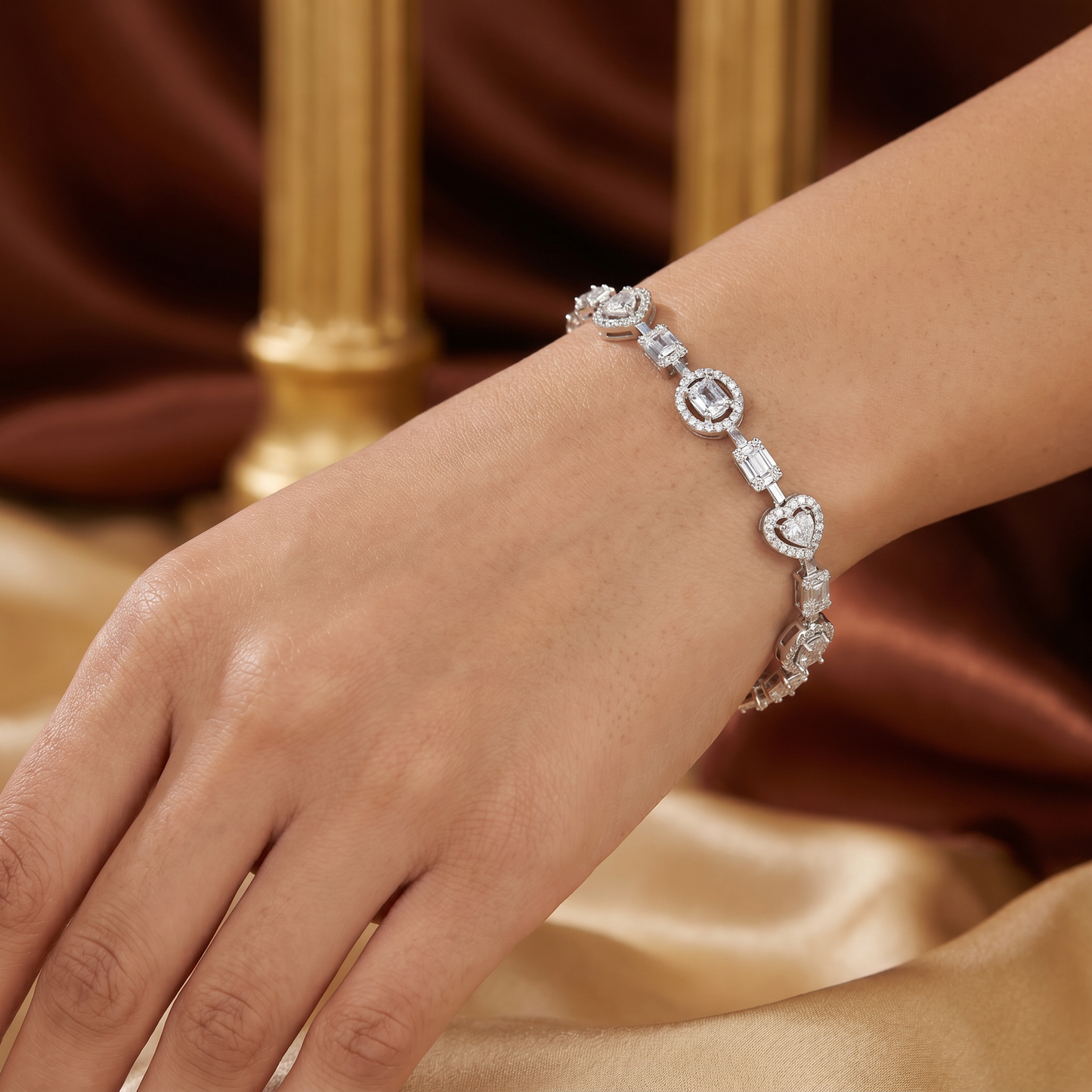 Rhodium Crystal Bracelet with Decorative Heart Elements