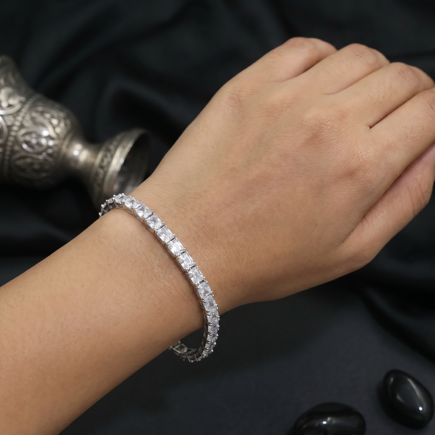 Rhodium Bracelet with Continuous Princess Cut Crystal Pattern