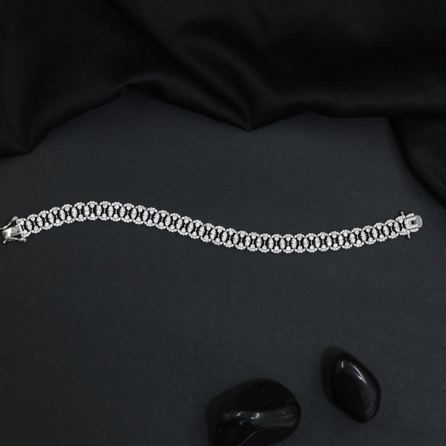 Crystal Oval Link Rhodium Bracelet with Double Row Pattern