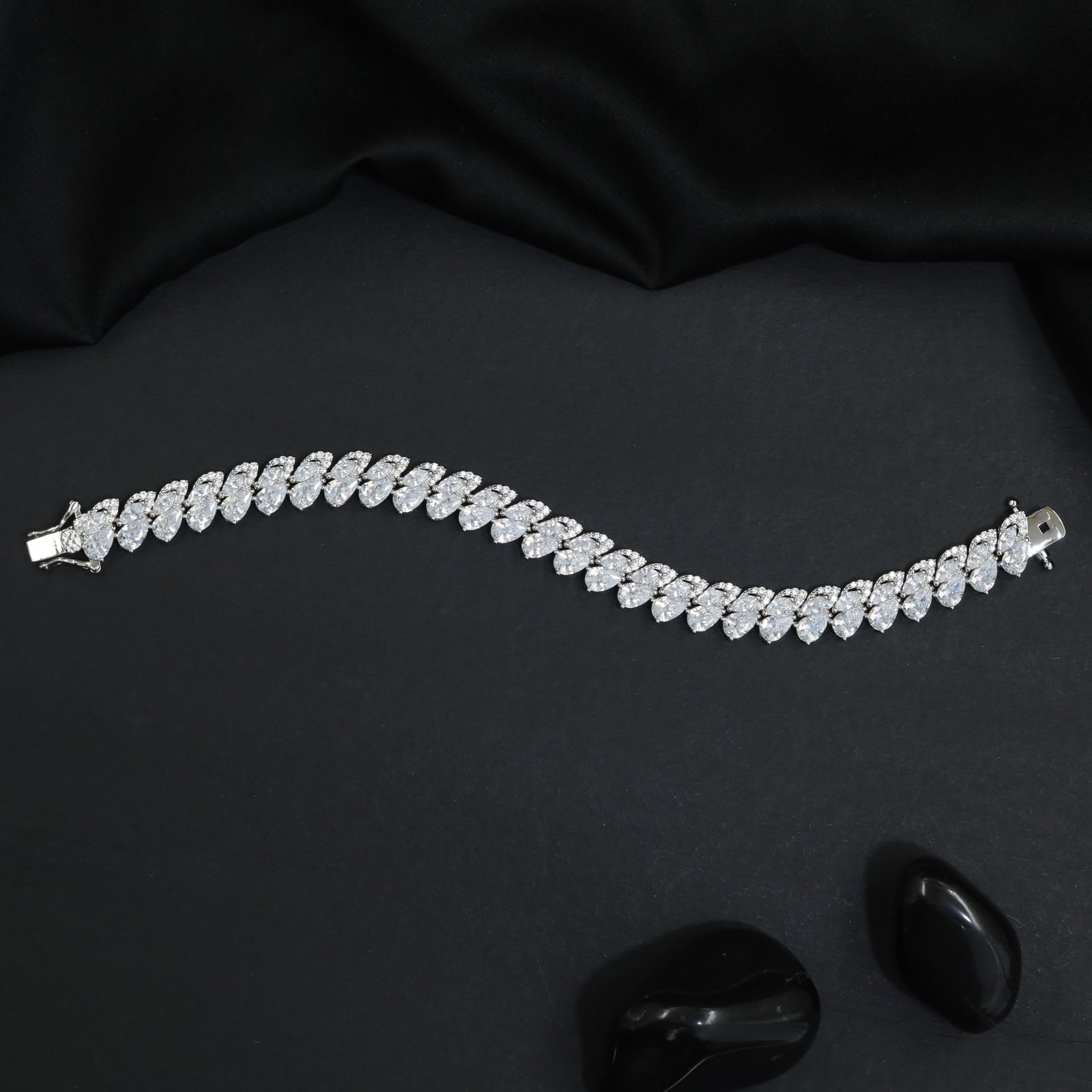 Rhodium Bracelet with Layered Crystal Leaf Arrangement