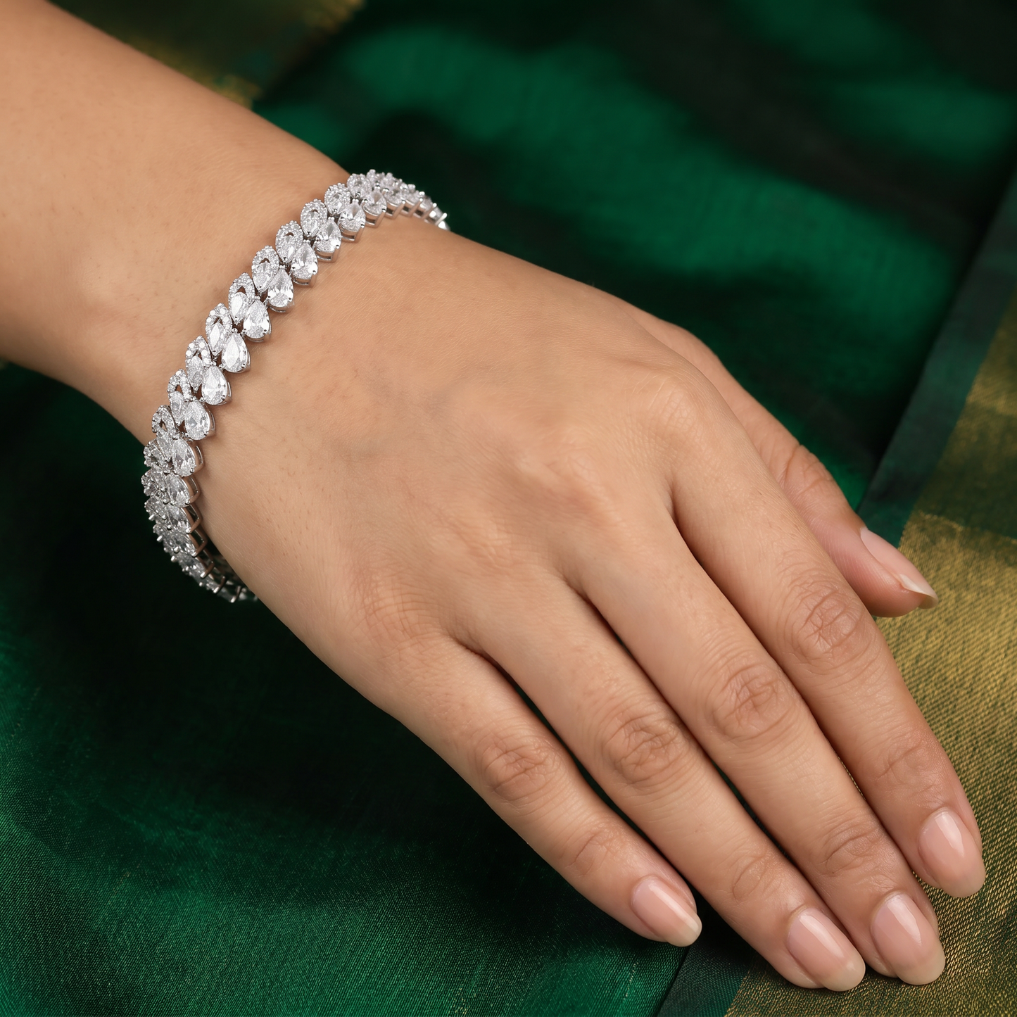 Rhodium Bracelet with Layered Crystal Leaf Arrangement