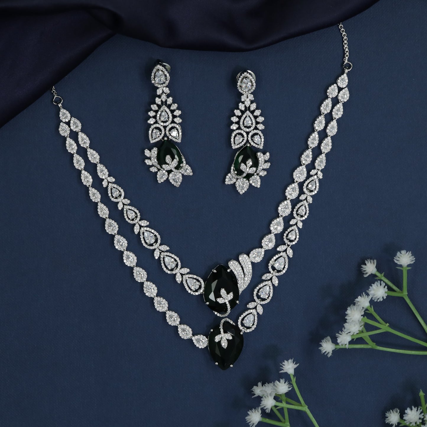 Elegant rhodium necklace highlighting radiant gemstone accents