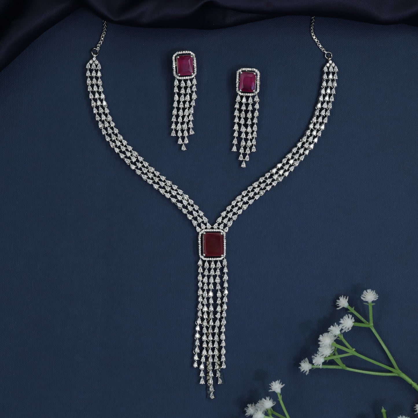 Tassel Drop Rhodium Necklace with Y-Line Silhouette