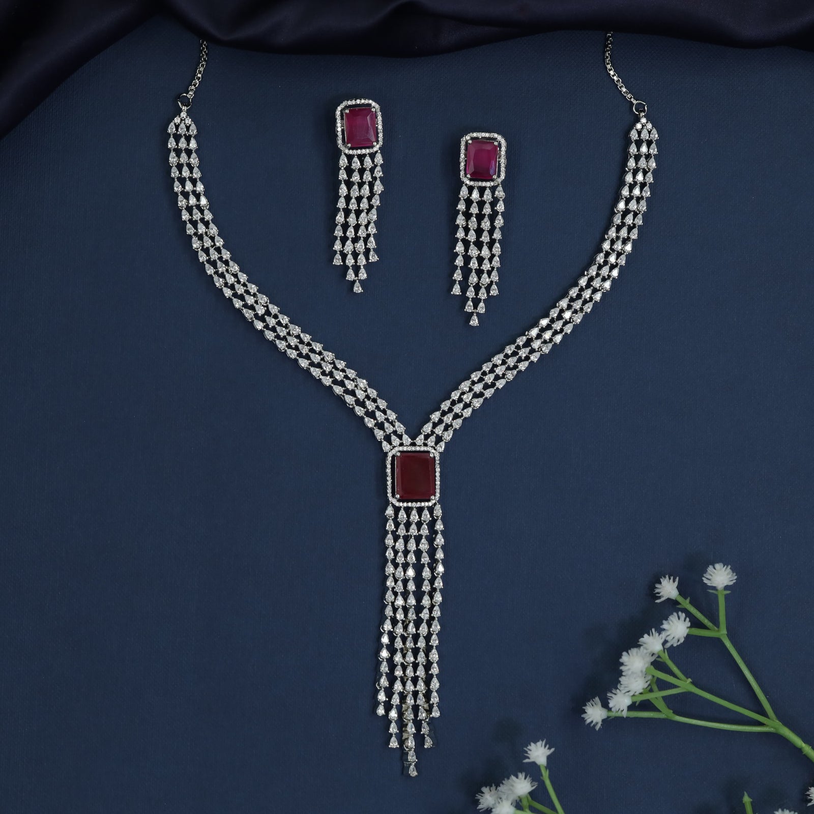 Tassel Drop Rhodium Necklace with Y-Line Silhouette