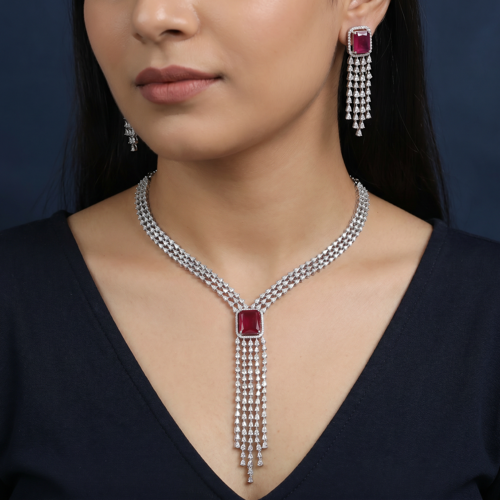 Tassel Drop Rhodium Necklace with Y-Line Silhouette