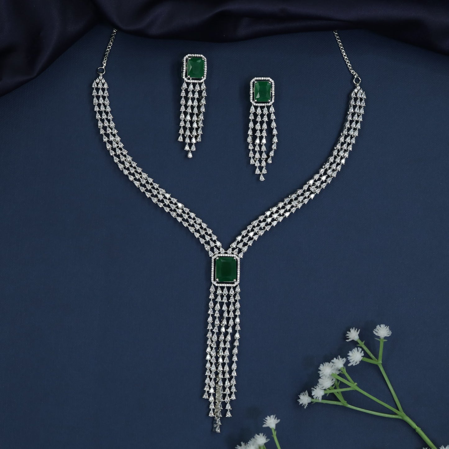 Tassel Drop Rhodium Necklace with Y-Line Silhouette