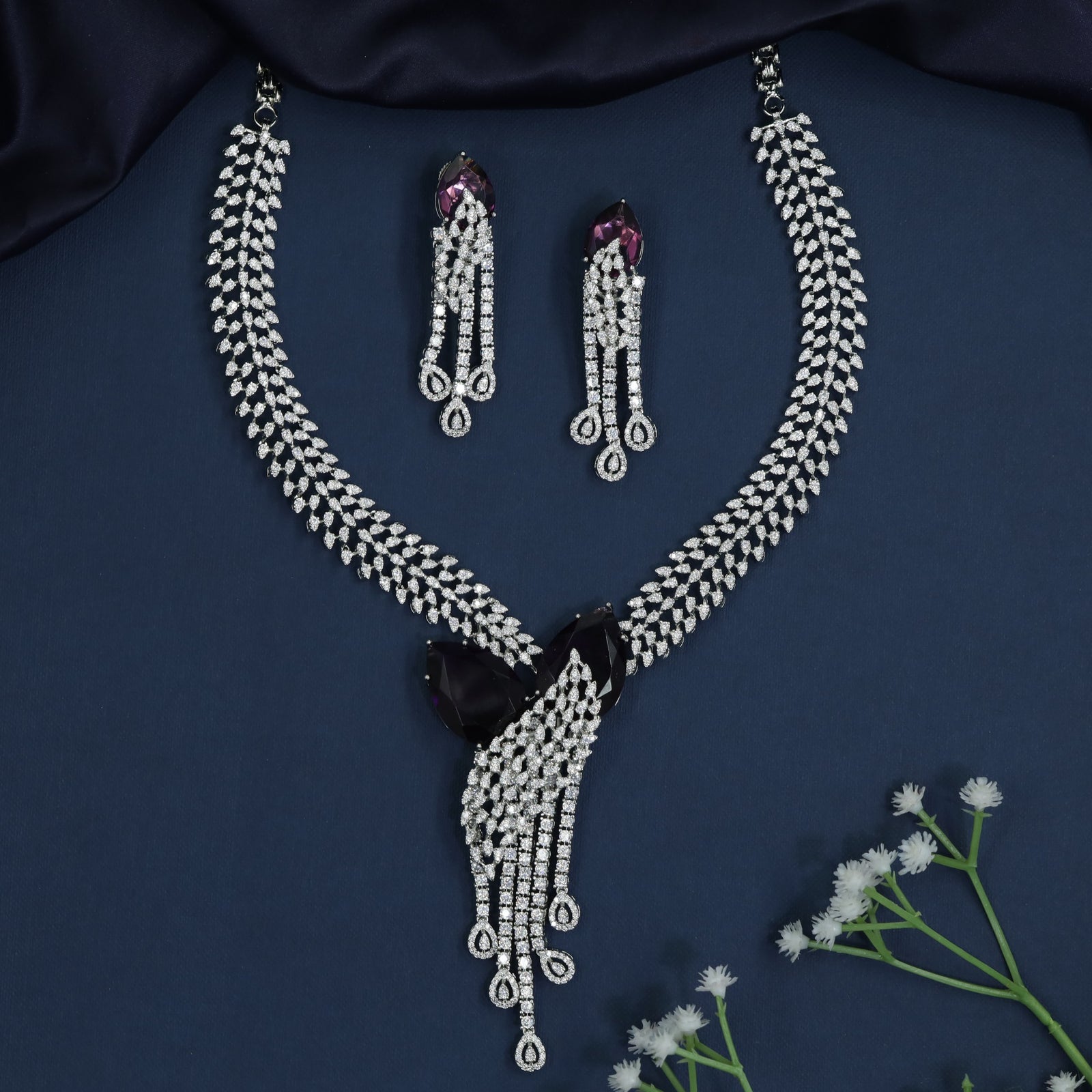 Rhodium Necklace with Crystal Ribbon Accent and Waterfall Drop