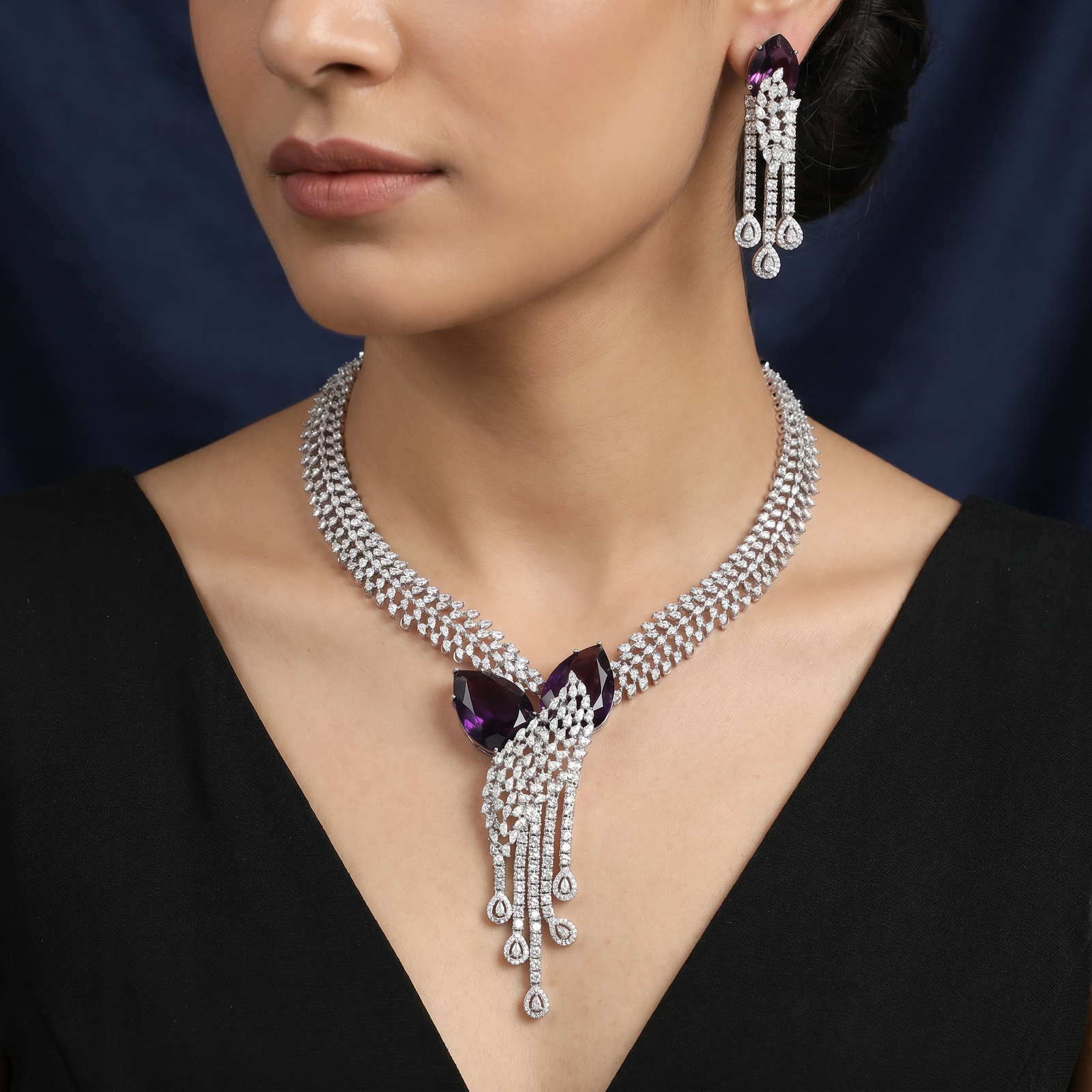 Rhodium Necklace with Crystal Ribbon Accent and Waterfall Drop