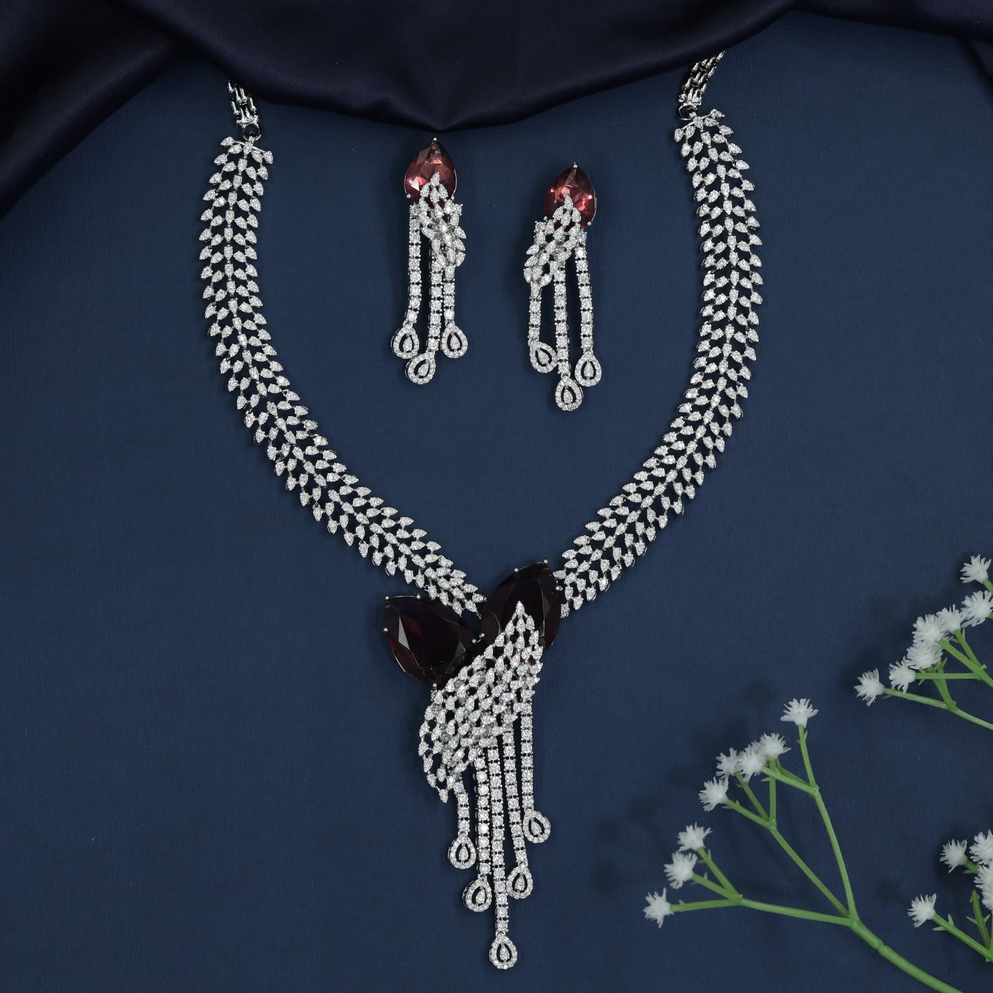 Rhodium Necklace with Crystal Ribbon Accent and Waterfall Drop