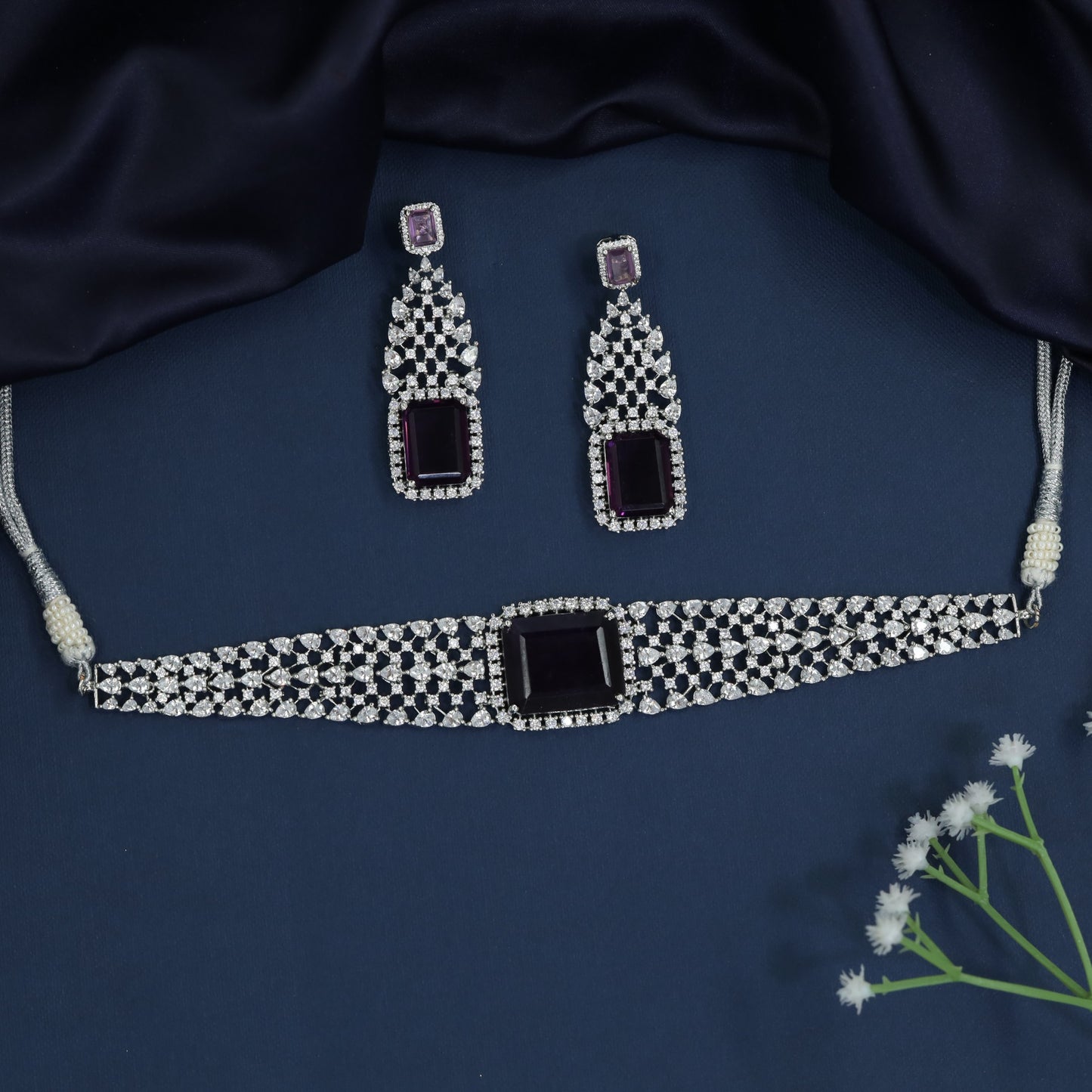 Geometric Focus Rhodium Choker with Basket Weave Silhouette