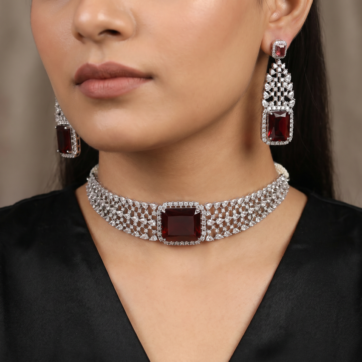 Geometric Rhodium Choker Set with Basket Weave