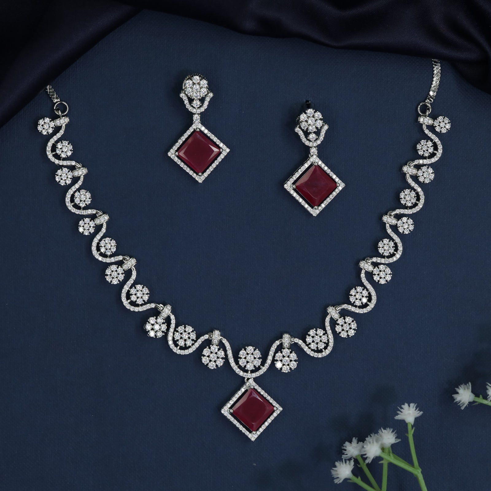 Rhodium Necklace with Daisy Link Chain and Diamond Frame Centerpiece