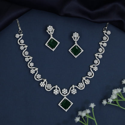 Rhodium Daisy Link Necklace Set with Diamond-Shaped Frame