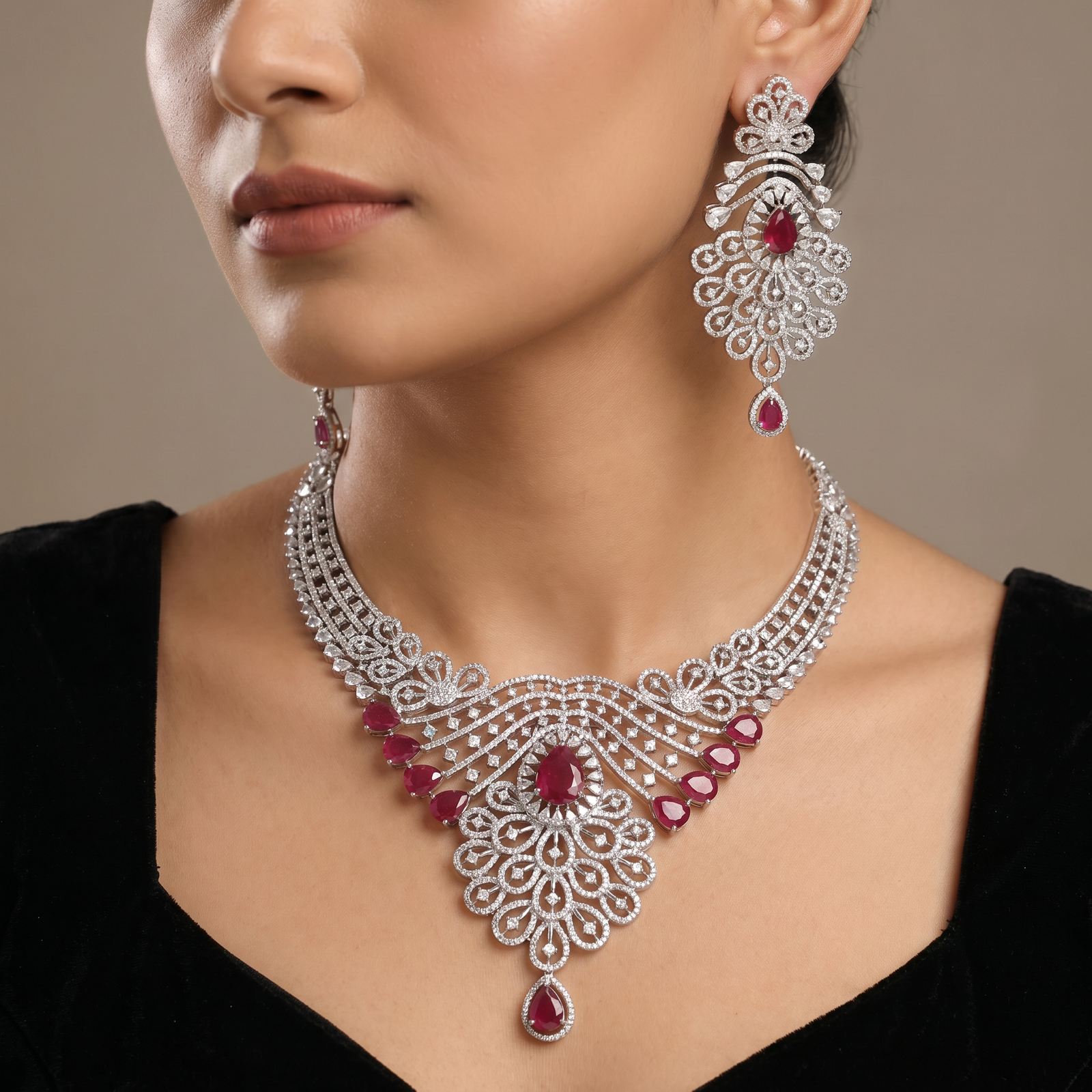 Royal Treasury Rhodium Necklace with Filigree Cascade Design