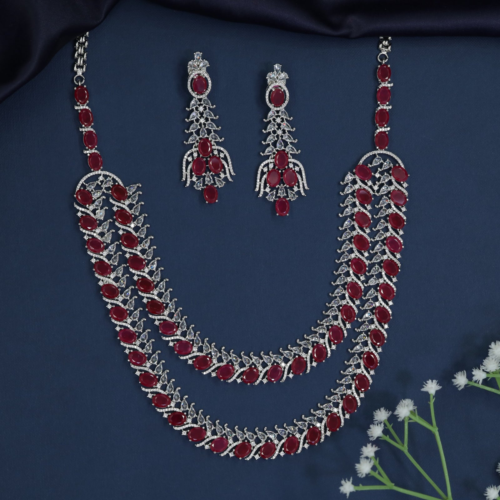 Marquise Frame Rhodium Necklace with Draped Triple Row Design
