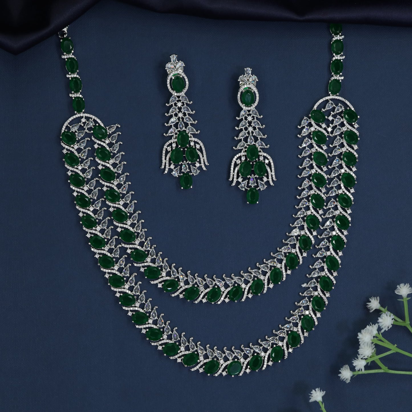 Marquise Frame Rhodium Necklace with Draped Triple Row Design