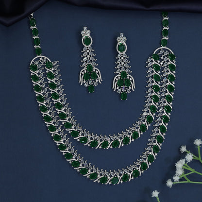 Marquise Frame Rhodium Necklace with Draped Triple Row Design