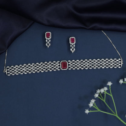 Rhodium Choker with Interwoven Link Construction and Statement Centerpiece