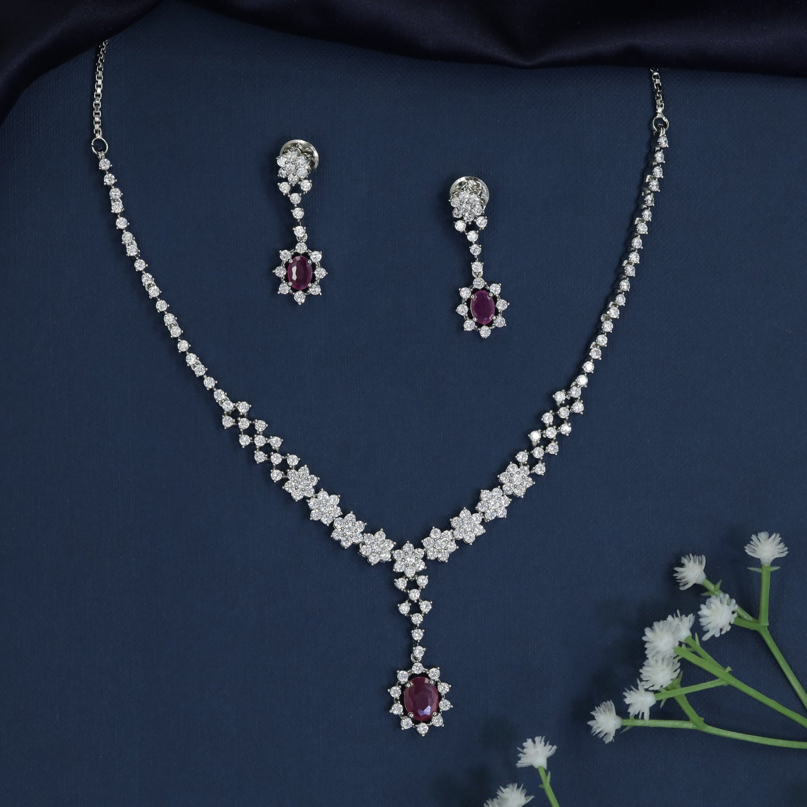 Crystal Pathway Necklace with Floral Cluster Pendant Design