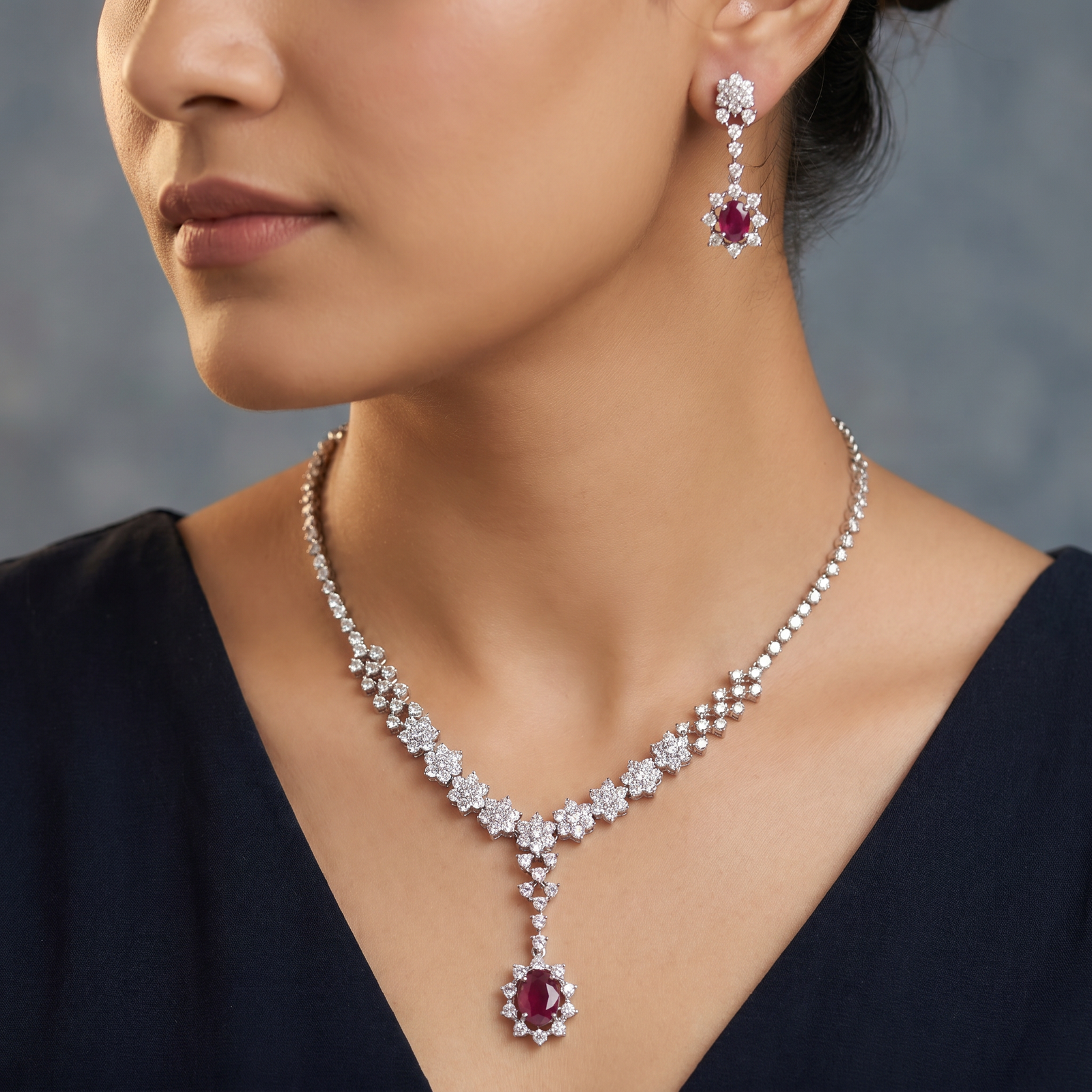 Crystal Pathway Necklace with Floral Cluster Pendant Design