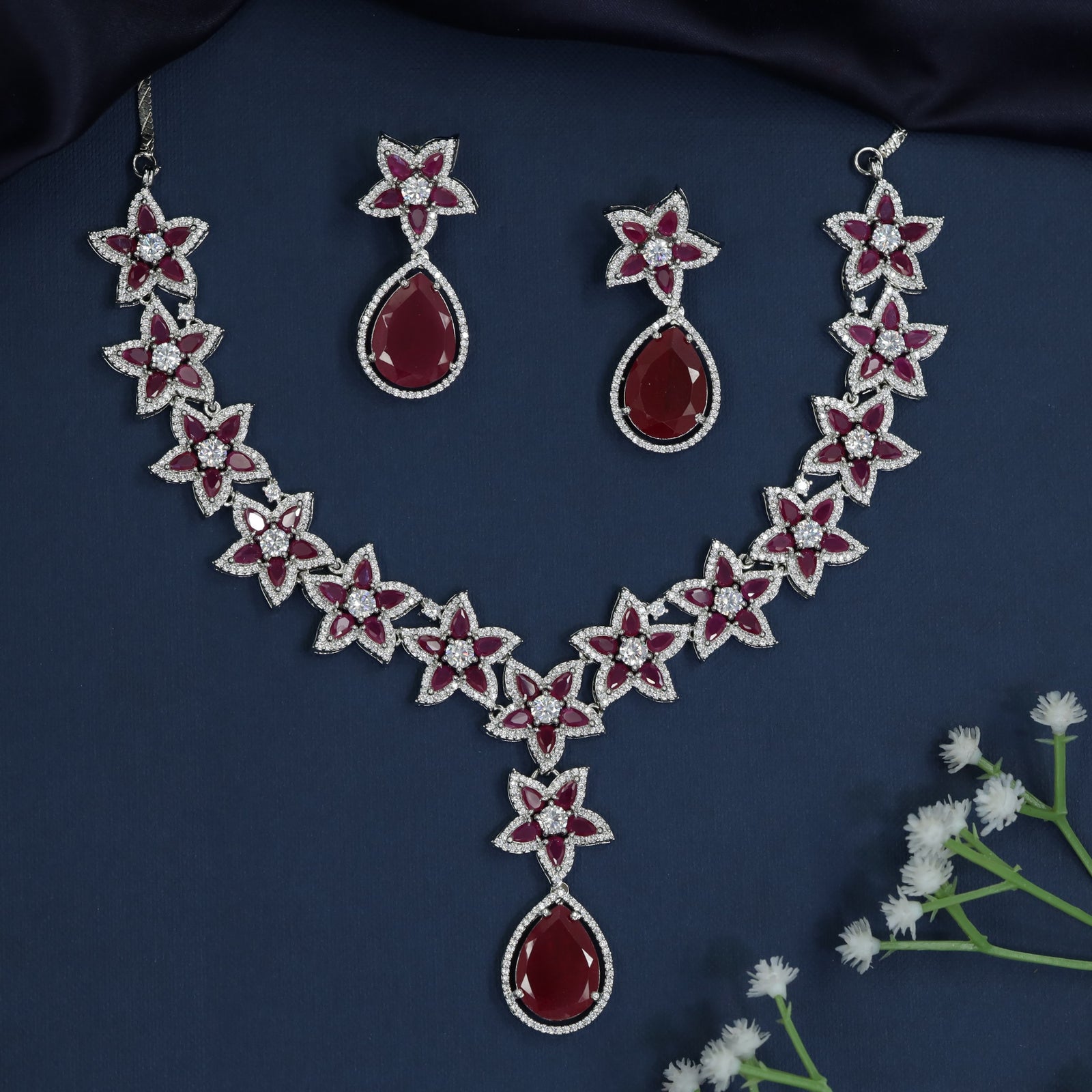 Starflower Cascade Rhodium Necklace with Teardrop Focal Drop