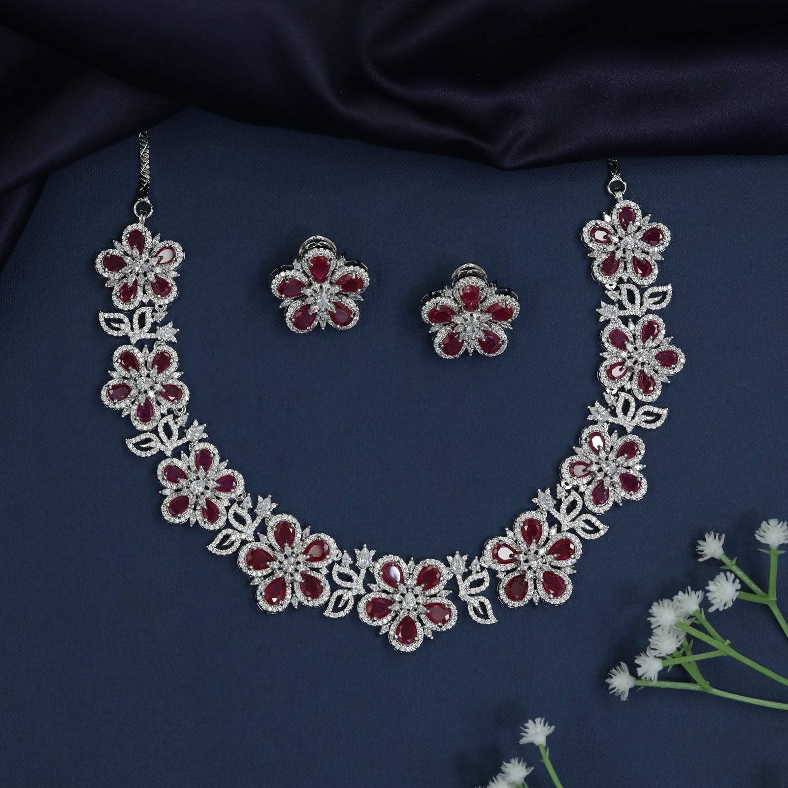 Floral Station Rhodium Necklace with Continuous Collar Design