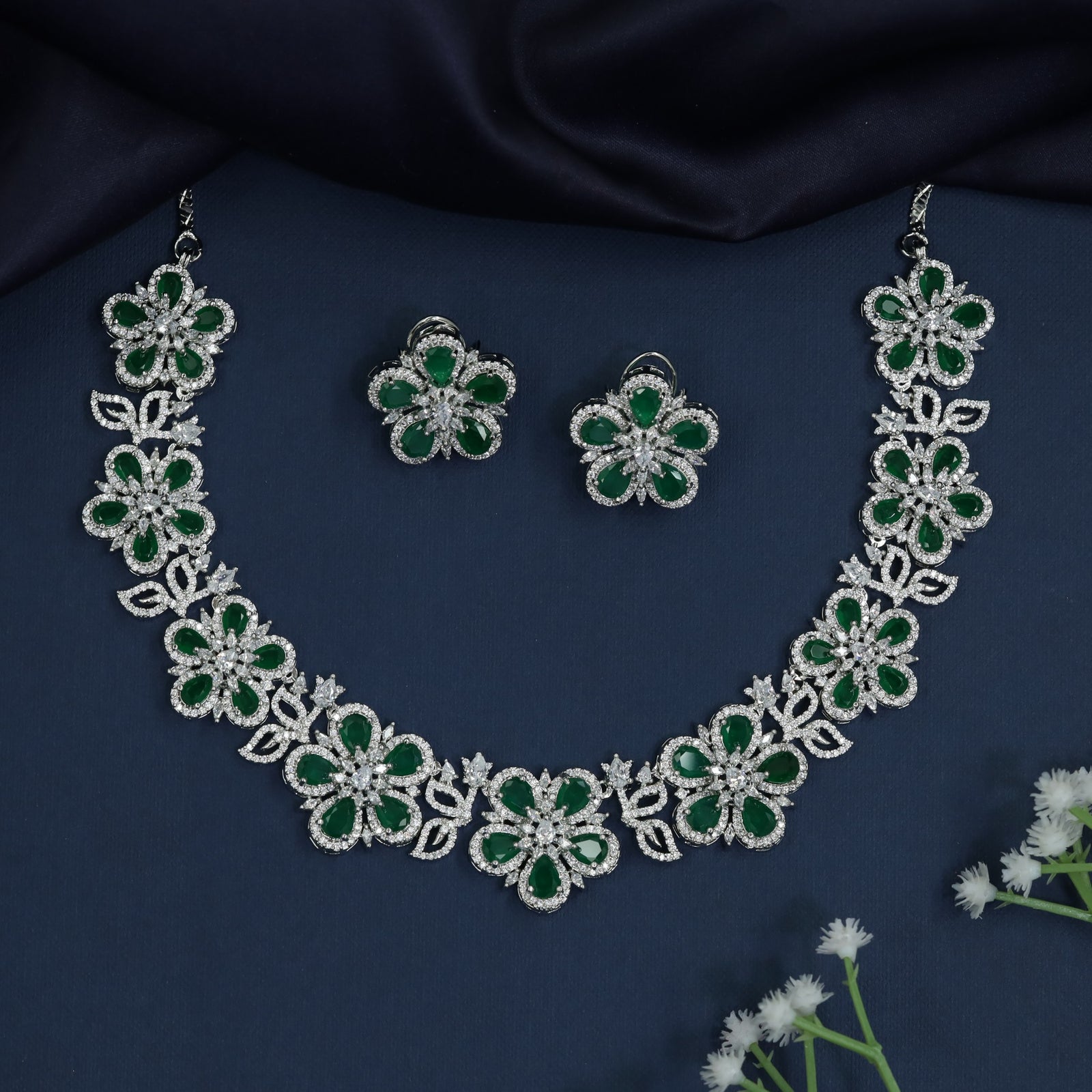 Floral Station Rhodium Necklace with Continuous Collar Design